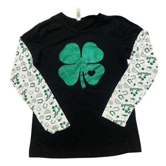 XL St. Patrick's day lucky clover green glitter contrast long sleeve ladies top - Picture 1 of 6